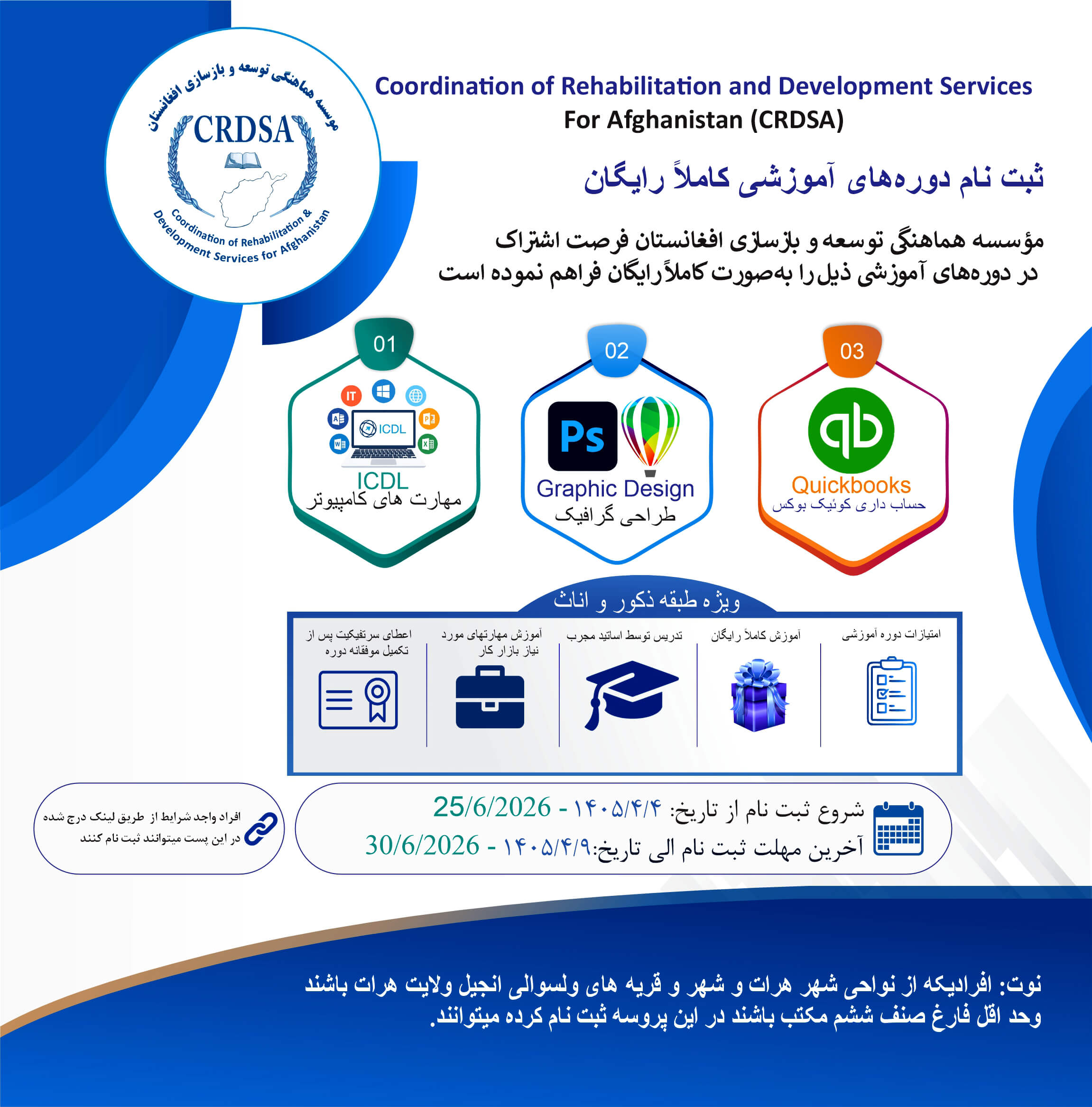 ثبت‌نام دوره‌های آموزشی رایگان مؤسسه CRDSA در ولایت هرات